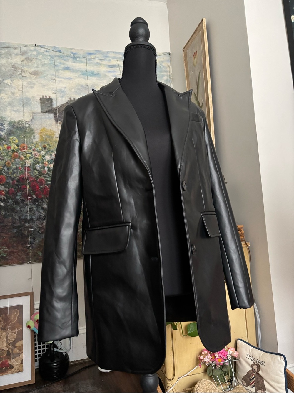 Commense Black PU Leather Trench Coat